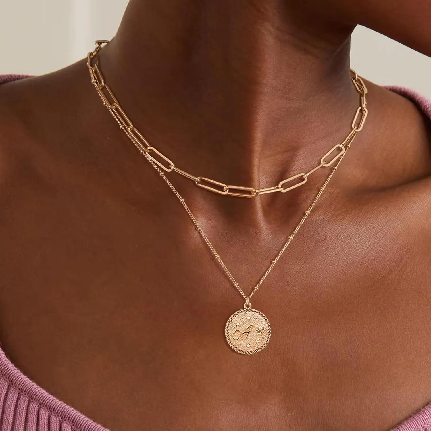 Gold Initial Necklaces for Women Trendy 14K Gold Plated Letter A- Z Pendant Necklace Paperclip Link Chain Personalized Coin Layered Dainty Gold Necklace for Women Gold Jewelry