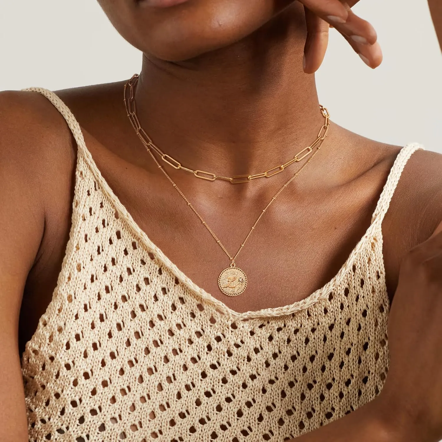 Gold Initial Necklaces for Women Trendy 14K Gold Plated Letter A- Z Pendant Necklace Paperclip Link Chain Personalized Coin Layered Dainty Gold Necklace for Women Gold Jewelry