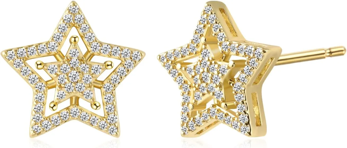 Gold large Star Stud Earrings for Women with Cubic Zirconia, Star Jewelry Chunky Design Y2k Style