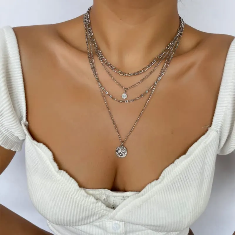 Gold Layered Necklaces for Women Coin Portrait Pendant Necklace Crystal Trendy Retro Chunky Necklace Gifts for Her (silver)