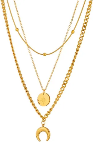 Gold Layered Necklaces for Women Trendy Dainty 14K Gold Plated Moon Choker Triple Layered Charm Necklace Simple Stackable Coin Star Necklace