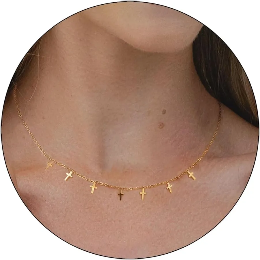 Gold Necklace for Women 14k Gold Plated Butterfly Star Flower Leaf Lightning Bolt Cross Station Necklaces Dainty Gold Charm Choker Necklace Minimalist Simple Jewelry Gift