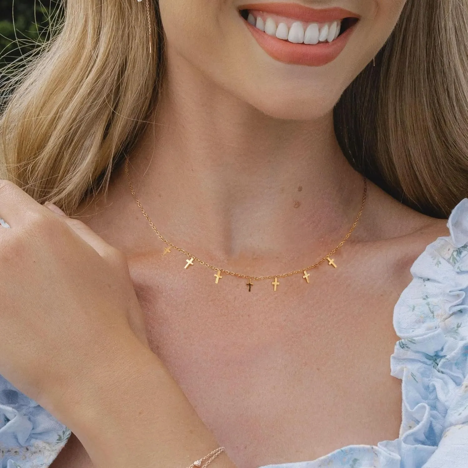 Gold Necklace for Women 14k Gold Plated Butterfly Star Flower Leaf Lightning Bolt Cross Station Necklaces Dainty Gold Charm Choker Necklace Minimalist Simple Jewelry Gift