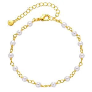 Gold Pearl Bracelet for Women 18 Gold Plated Dainty Pearl Bracelet Link Chain Bracelet for Women Teen Girls, Adjustable, Handmade Bracelet