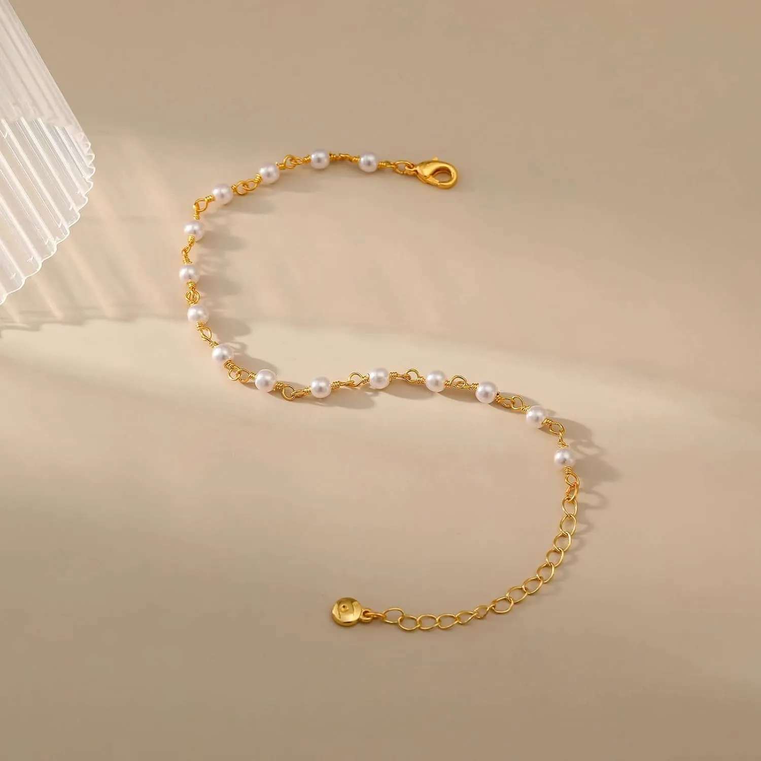 Gold Pearl Bracelet for Women 18 Gold Plated Dainty Pearl Bracelet Link Chain Bracelet for Women Teen Girls, Adjustable, Handmade Bracelet