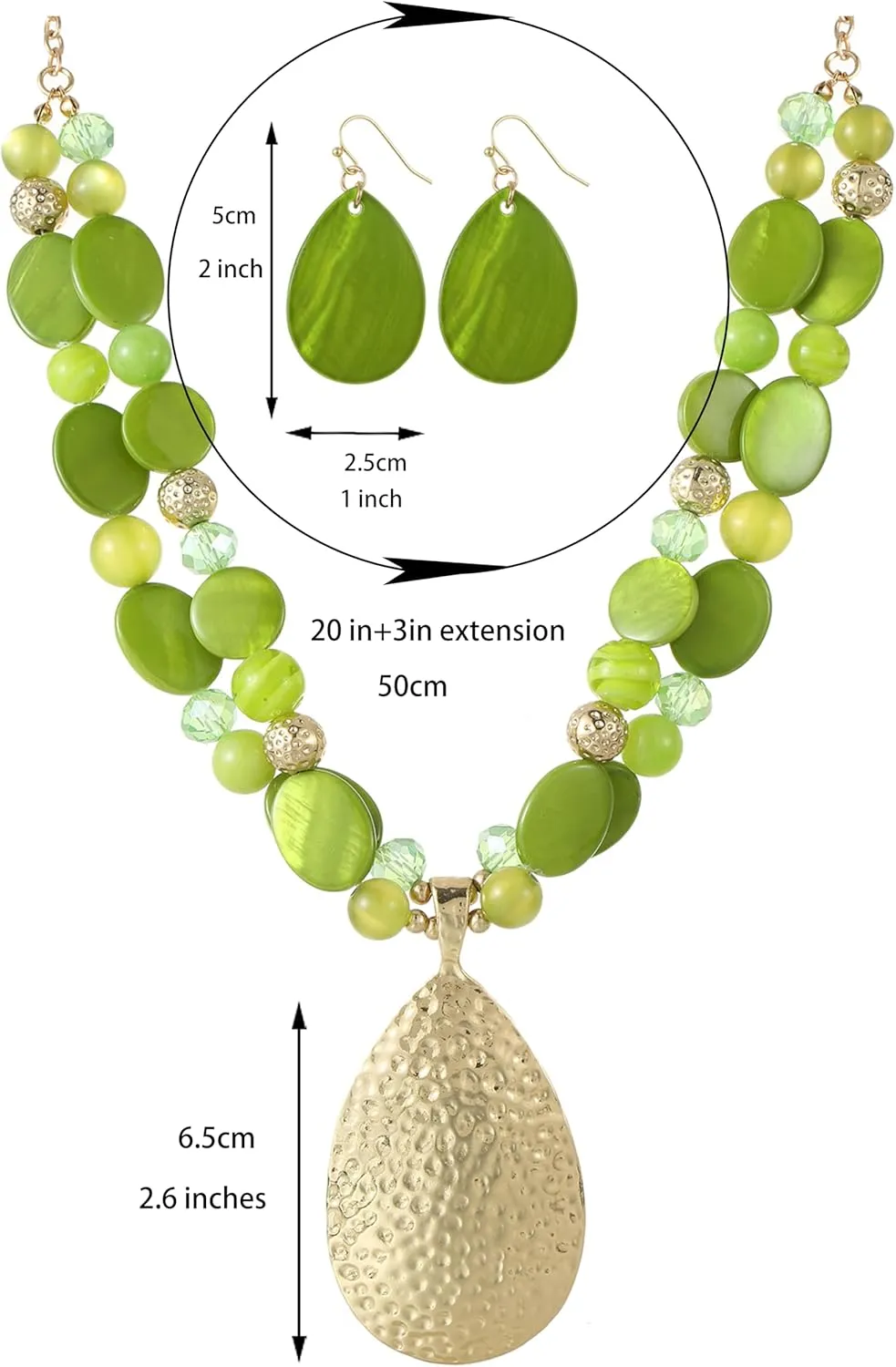Gold/Silver 20'' 3'' Teardrop Pendant Statement Necklace for women Trendy Colorful Crystal Shell Beaded Gemstone Necklaces and Earrings Set Womens Layered Boho Chunky Necklaces and Dainty Teardrop Earrings Jewelry Gifts