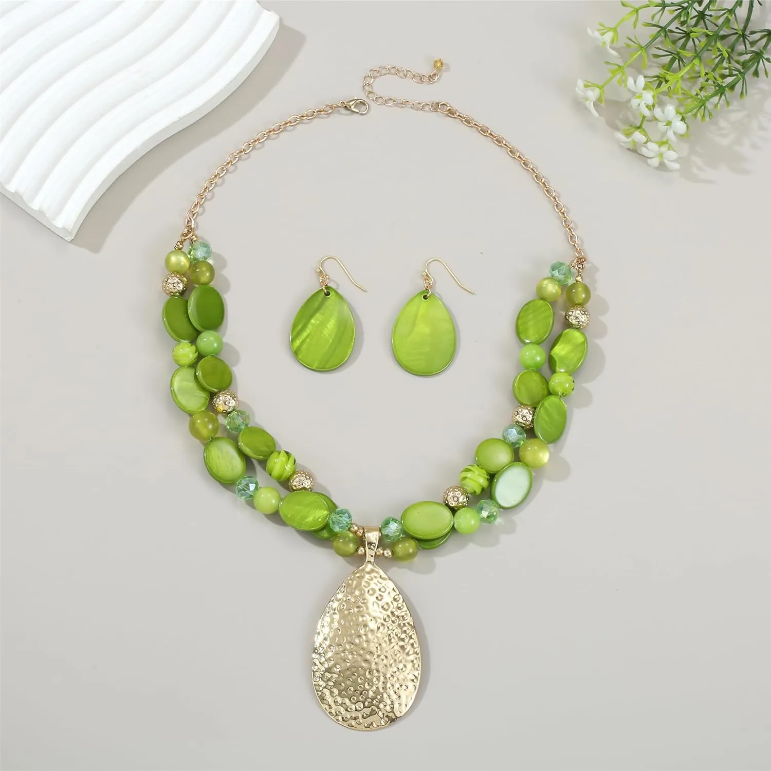 Gold/Silver 20'' 3'' Teardrop Pendant Statement Necklace for women Trendy Colorful Crystal Shell Beaded Gemstone Necklaces and Earrings Set Womens Layered Boho Chunky Necklaces and Dainty Teardrop Earrings Jewelry Gifts