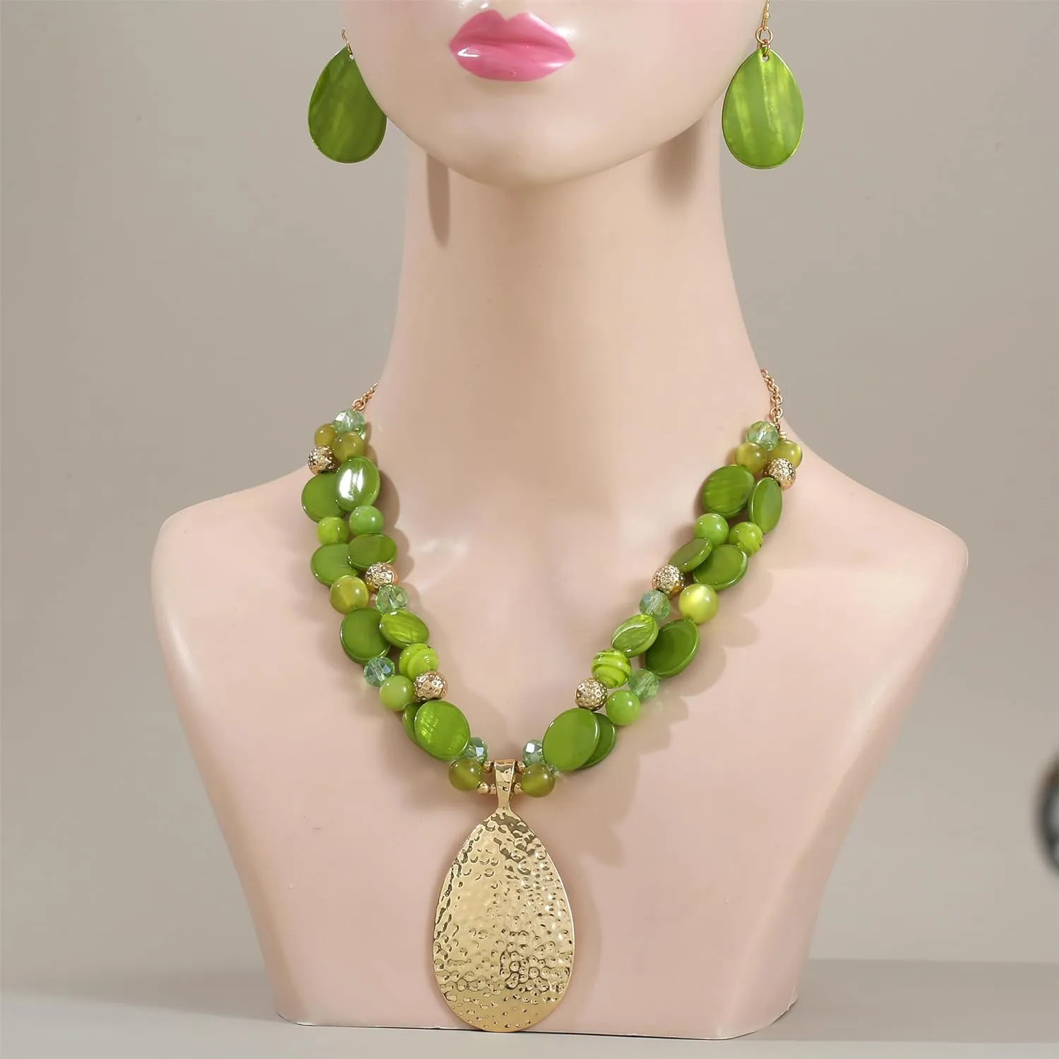 Gold/Silver 20'' 3'' Teardrop Pendant Statement Necklace for women Trendy Colorful Crystal Shell Beaded Gemstone Necklaces and Earrings Set Womens Layered Boho Chunky Necklaces and Dainty Teardrop Earrings Jewelry Gifts