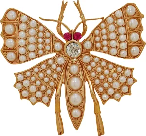 Gorgeous Gold & Imitated Pearl Large Butterfly Brooch Pin - Statement Insect Jewelry with Pink Eyes and Clear Crystal Body