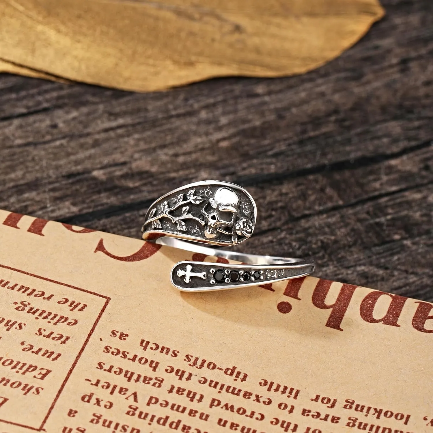 Gothic Silver Rings for Women - Adjustable Skull Spoon Design with Rose & Cross Inlay Zirconia,Darkened Vintage Statement Jewelry, Unique Punk Style Promise Ring