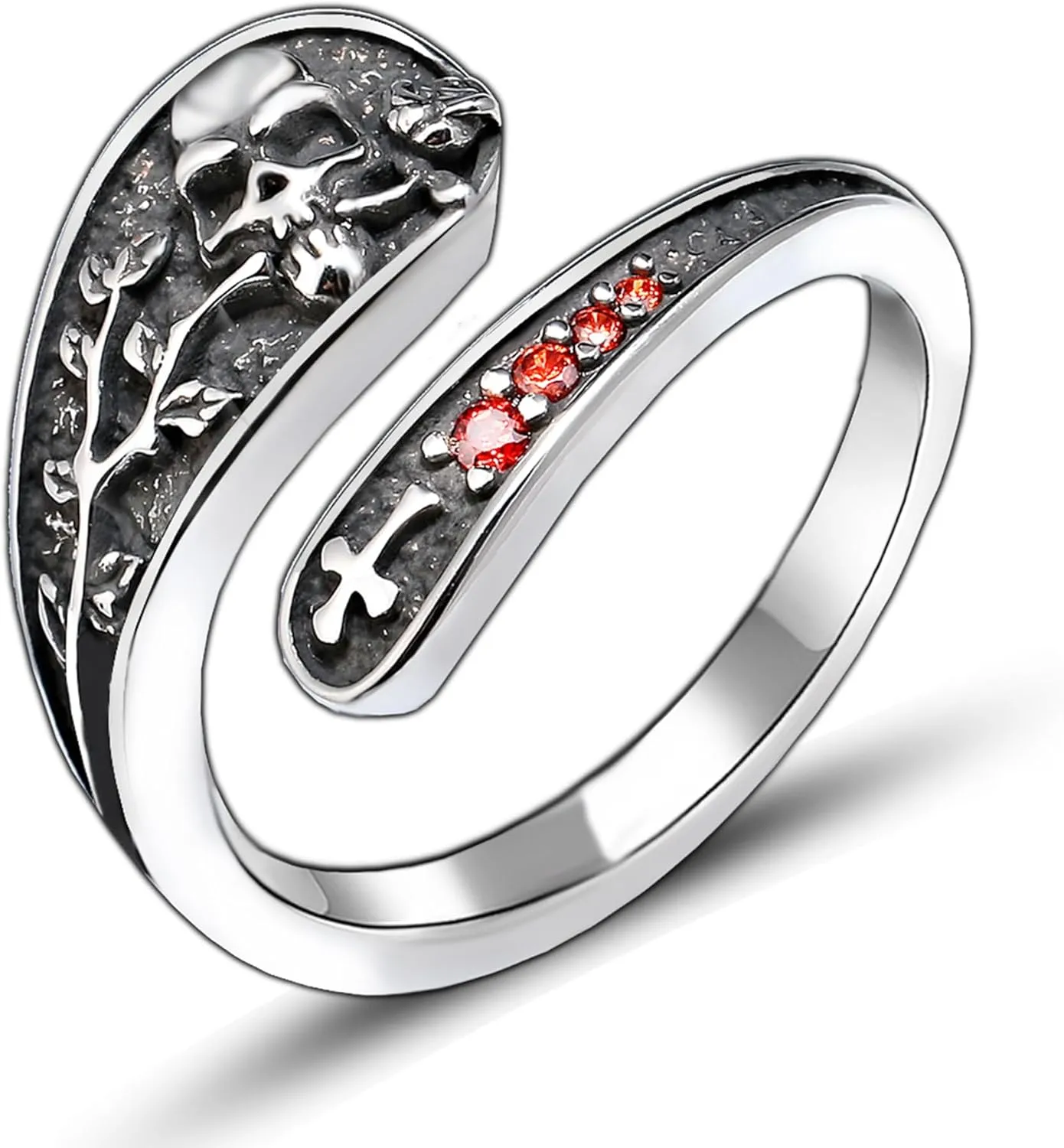 Gothic Silver Rings for Women - Adjustable Skull Spoon Design with Rose & Cross Inlay Zirconia,Darkened Vintage Statement Jewelry, Unique Punk Style Promise Ring