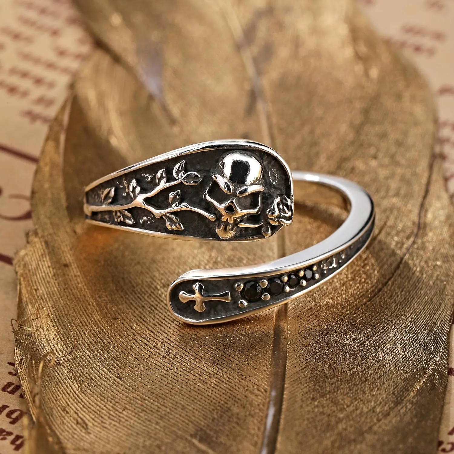 Gothic Silver Rings for Women - Adjustable Skull Spoon Design with Rose & Cross Inlay Zirconia,Darkened Vintage Statement Jewelry, Unique Punk Style Promise Ring