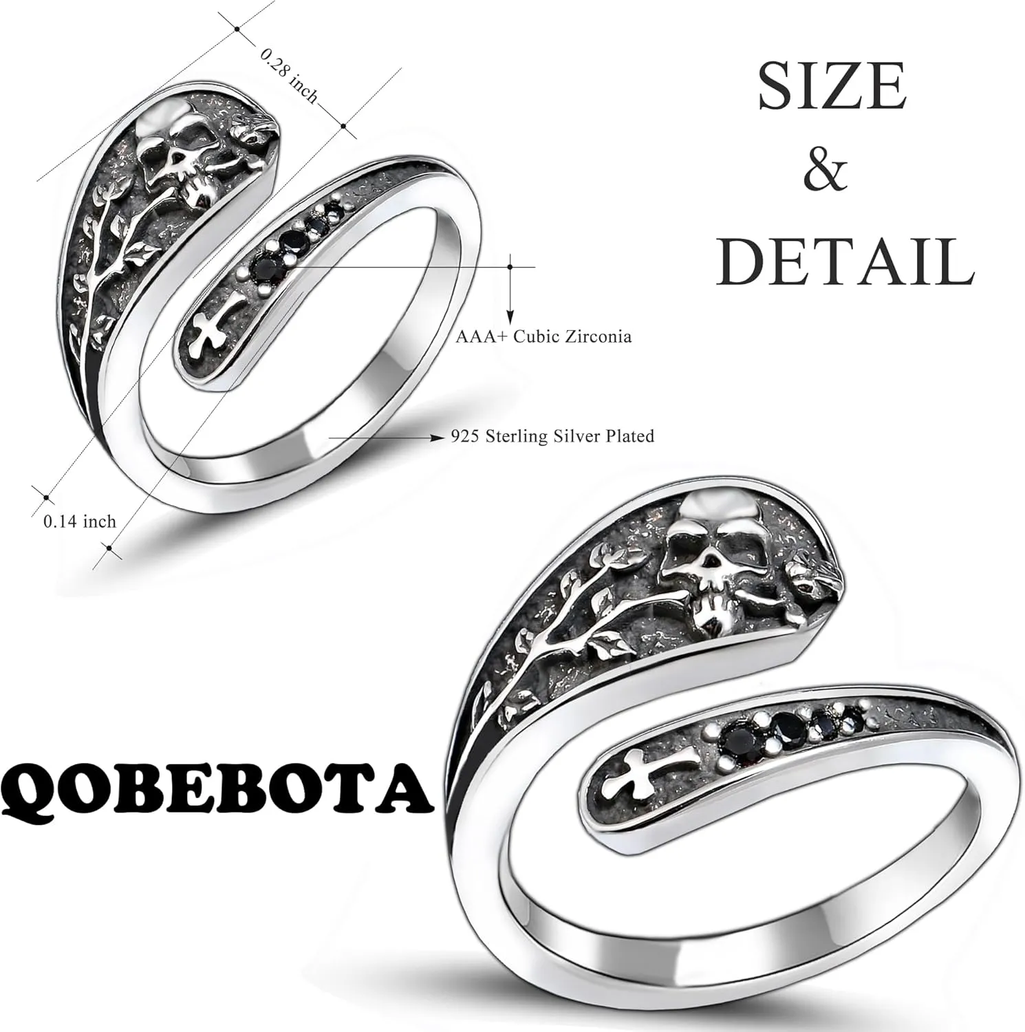 Gothic Silver Rings for Women - Adjustable Skull Spoon Design with Rose & Cross Inlay Zirconia,Darkened Vintage Statement Jewelry, Unique Punk Style Promise Ring