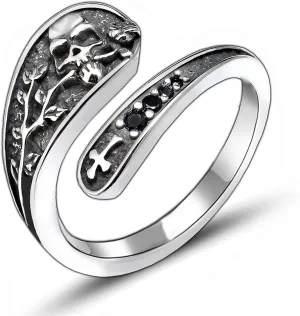 Gothic Silver Rings for Women - Adjustable Skull Spoon Design with Rose & Cross Inlay Zirconia,Darkened Vintage Statement Jewelry, Unique Punk Style Promise Ring