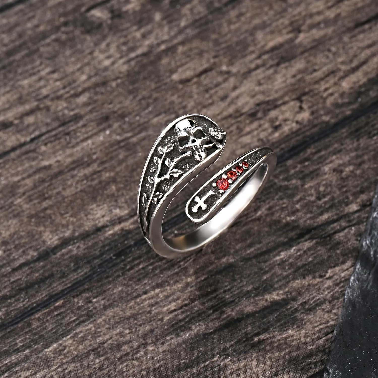 Gothic Silver Rings for Women - Adjustable Skull Spoon Design with Rose & Cross Inlay Zirconia,Darkened Vintage Statement Jewelry, Unique Punk Style Promise Ring