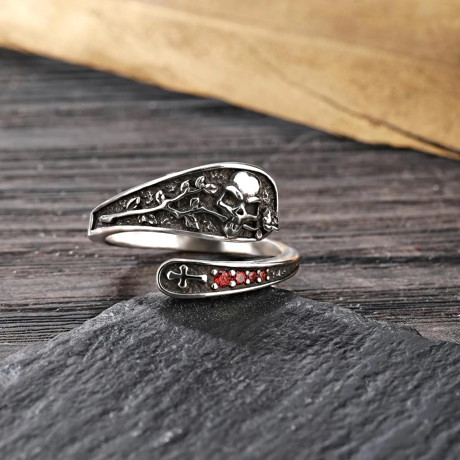 Gothic Silver Rings for Women - Adjustable Skull Spoon Design with Rose & Cross Inlay Zirconia,Darkened Vintage Statement Jewelry, Unique Punk Style Promise Ring