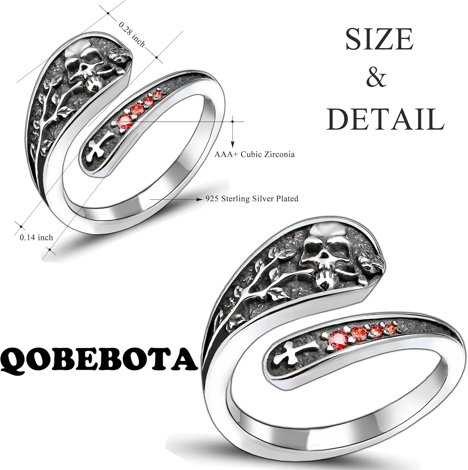 Gothic Silver Rings for Women - Adjustable Skull Spoon Design with Rose & Cross Inlay Zirconia,Darkened Vintage Statement Jewelry, Unique Punk Style Promise Ring