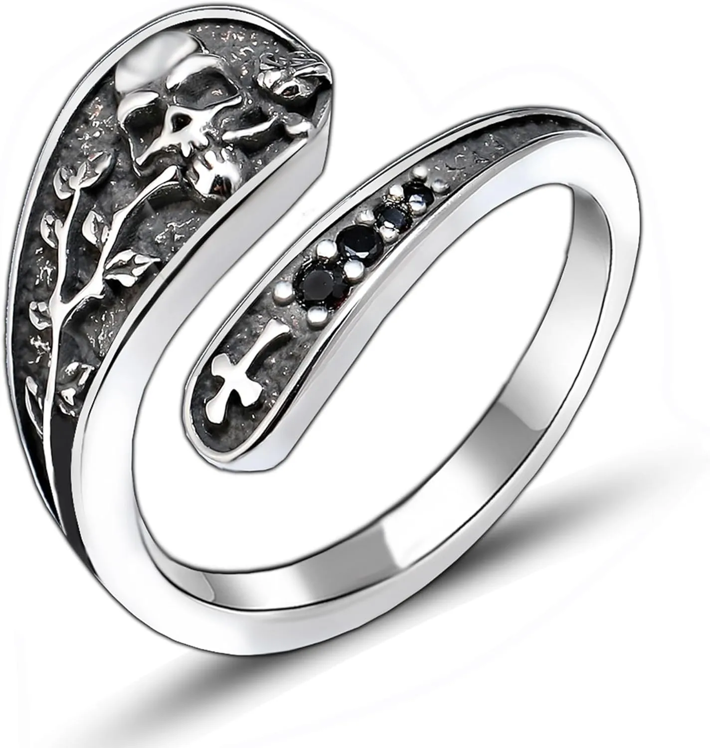 Gothic Silver Rings for Women - Adjustable Skull Spoon Design with Rose & Cross Inlay Zirconia,Darkened Vintage Statement Jewelry, Unique Punk Style Promise Ring