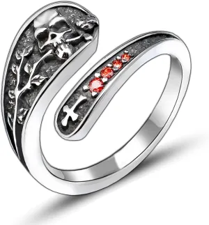 Gothic Silver Rings for Women - Adjustable Skull Spoon Design with Rose & Cross Inlay Zirconia,Darkened Vintage Statement Jewelry, Unique Punk Style Promise Ring