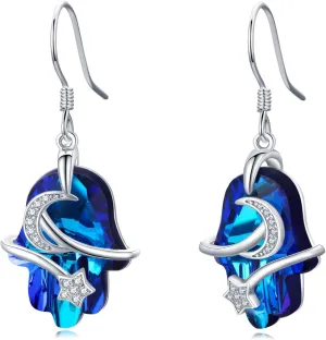 Hamsa Earrings 925 Solid Blue Crystal Moon and Star Earrings Hamsa Pendant Birthday Christmas Jewelry Gifts for Women