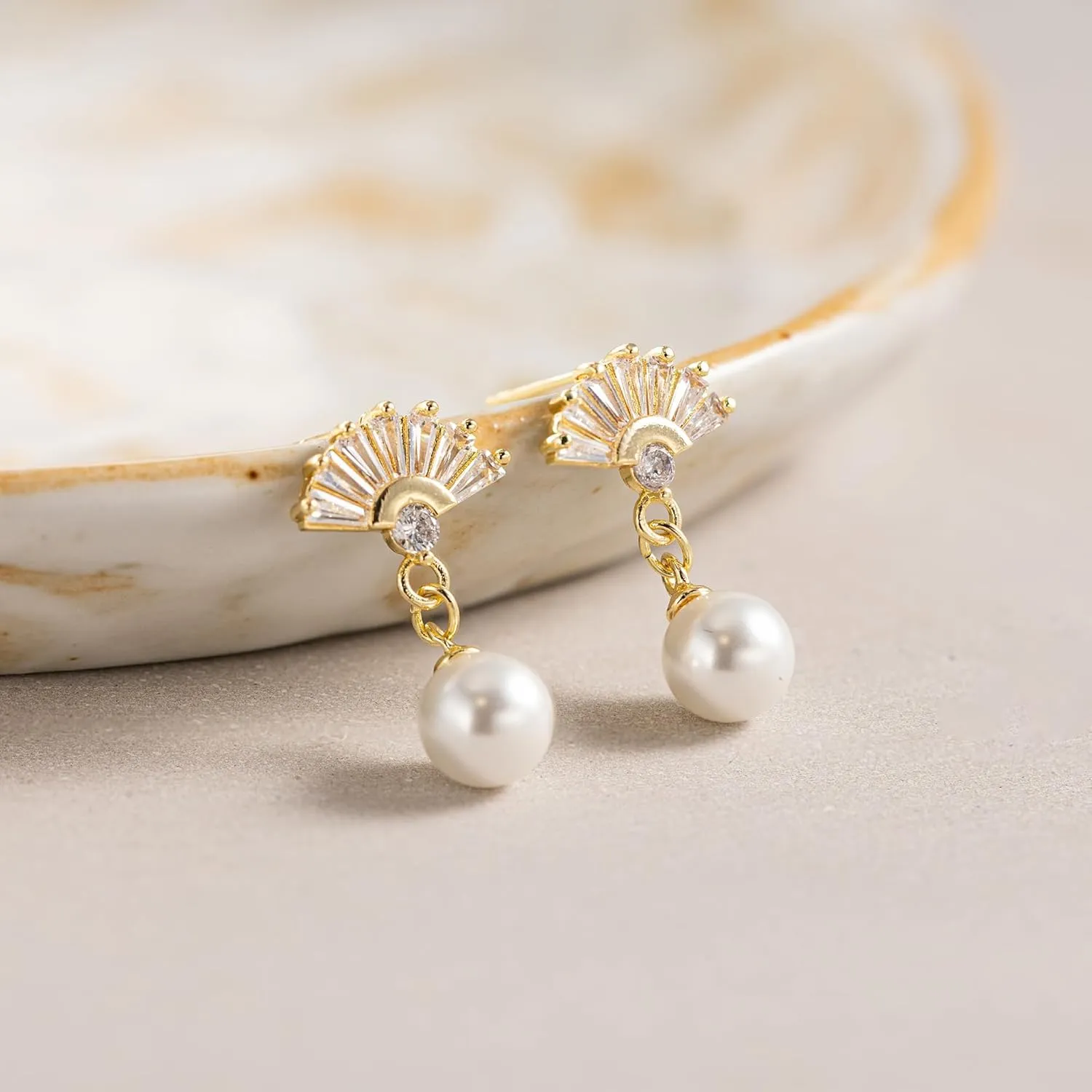 HANLI 14K Gold Plated Wedding Prom Pearl Elegant Earrings for Brides - Gold CZ Dangle Drop Cute Bridal Earring for Women Dainty Dangling Stud Earrings Jewelry Trendy