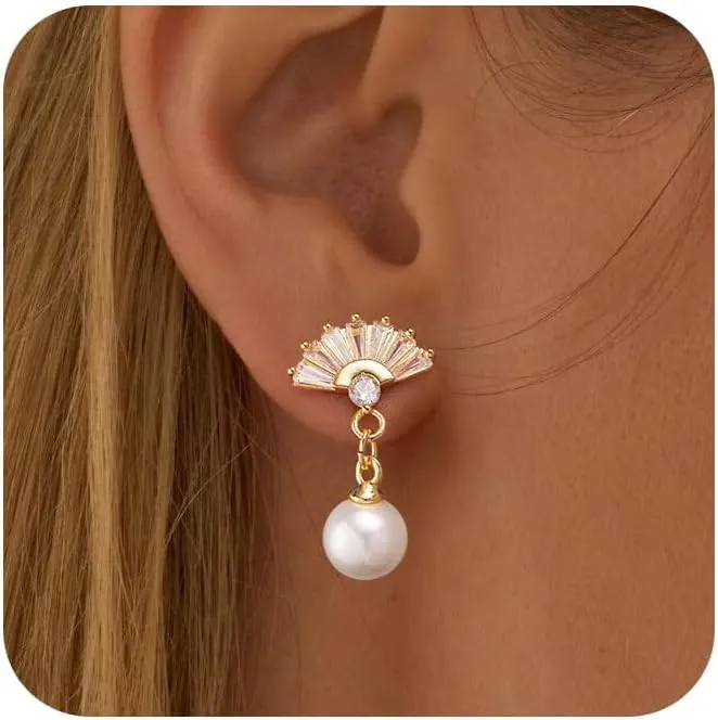 HANLI 14K Gold Plated Wedding Prom Pearl Elegant Earrings for Brides - Gold CZ Dangle Drop Cute Bridal Earring for Women Dainty Dangling Stud Earrings Jewelry Trendy