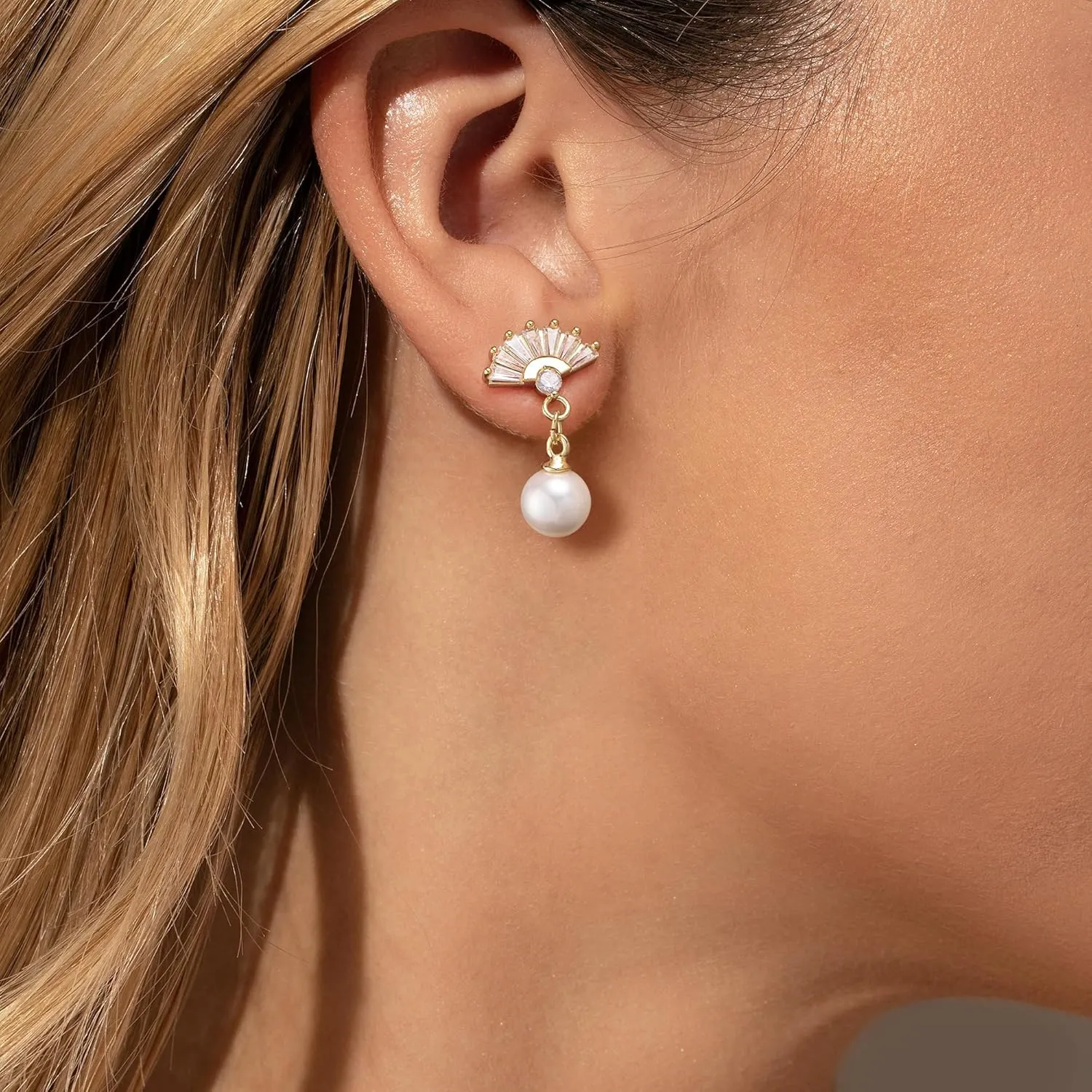 HANLI 14K Gold Plated Wedding Prom Pearl Elegant Earrings for Brides - Gold CZ Dangle Drop Cute Bridal Earring for Women Dainty Dangling Stud Earrings Jewelry Trendy