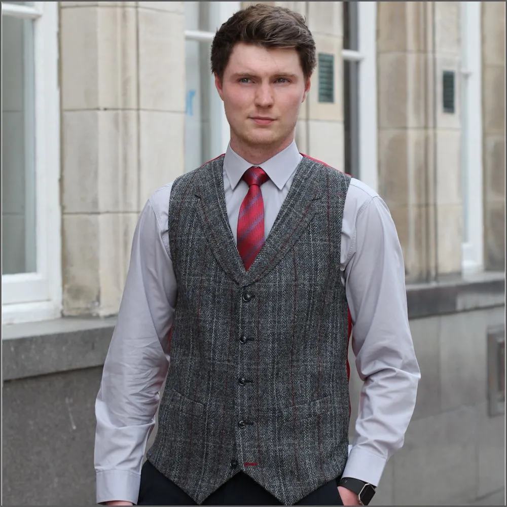 Harris Tweed Grey, Wine Check Waistcoat--