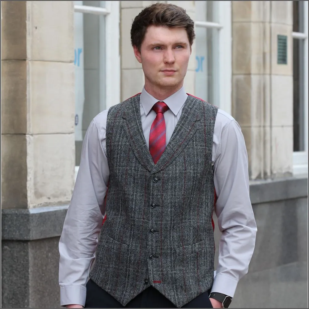 Harris Tweed Grey, Wine Check Waistcoat--
