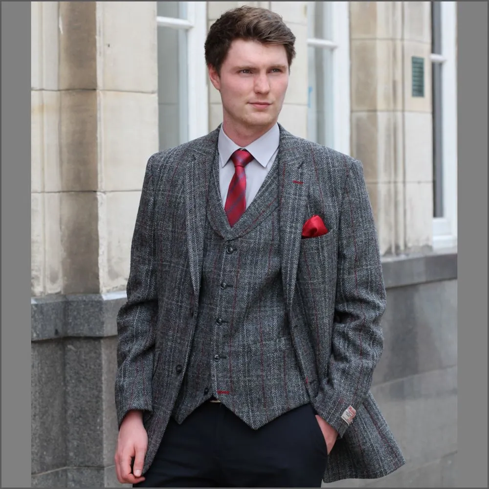 Harris Tweed Grey, Wine Check Waistcoat--