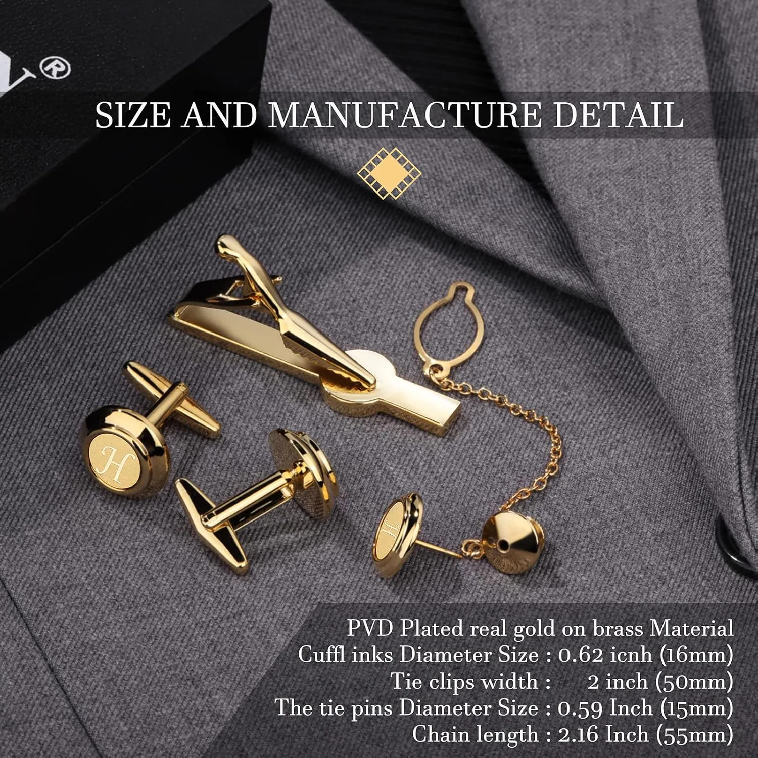 HAWSON 2 Inch Tie Clips with Cufflinks and Tie Pin for Men(A-Z), Tie Tack Lapel Pins for Mens Suit, Tuxedo, Accessories for Necktie, Shirts