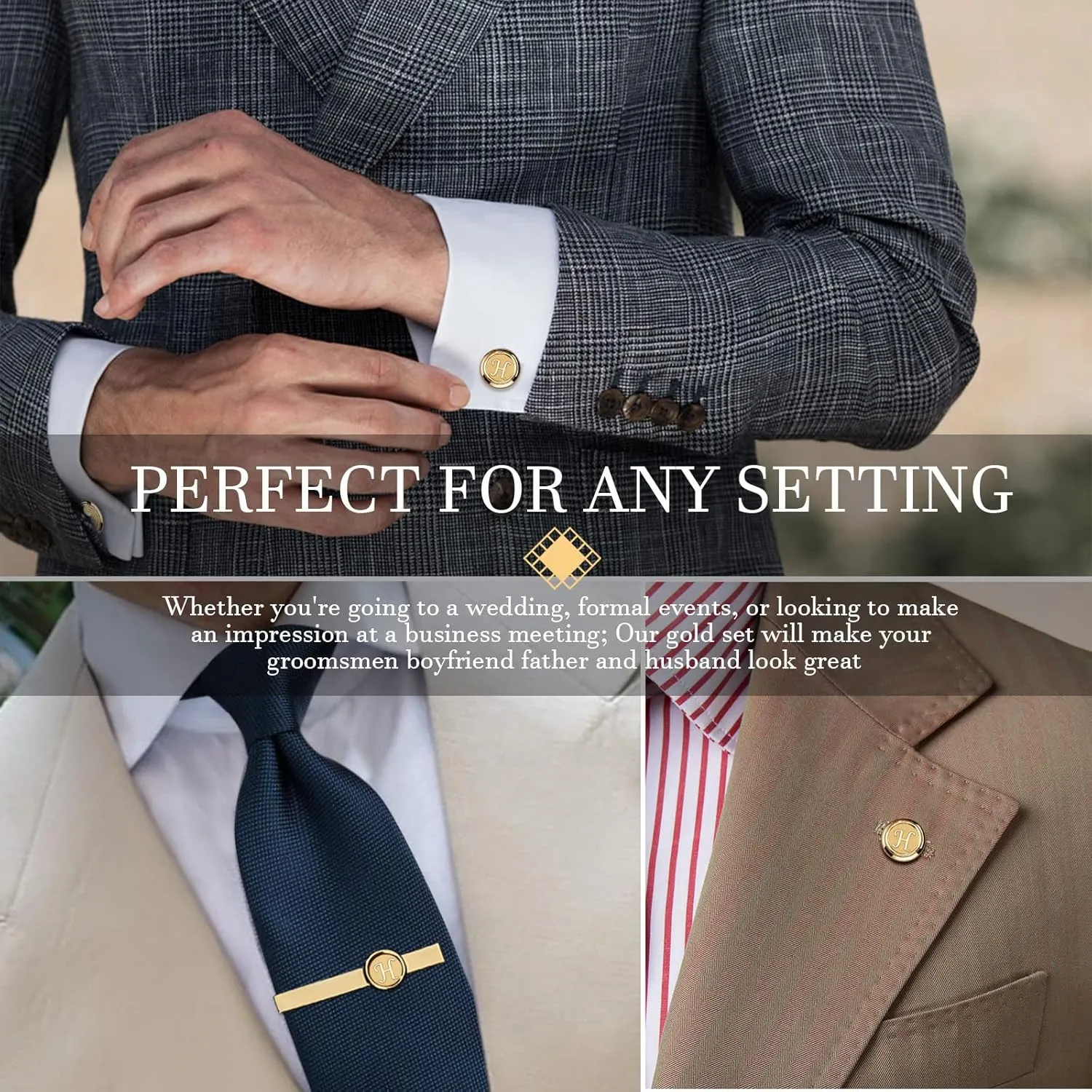 HAWSON 2 Inch Tie Clips with Cufflinks and Tie Pin for Men(A-Z), Tie Tack Lapel Pins for Mens Suit, Tuxedo, Accessories for Necktie, Shirts