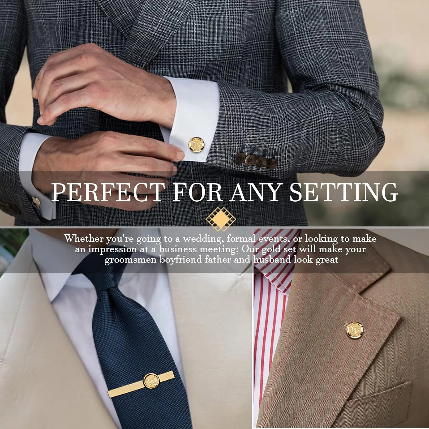 HAWSON 2 Inch Tie Clips with Cufflinks and Tie Pin for Men(A-Z), Tie Tack Lapel Pins for Mens Suit, Tuxedo, Accessories for Necktie, Shirts