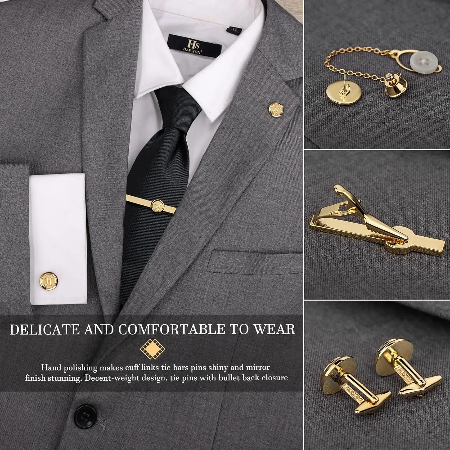 HAWSON 2 Inch Tie Clips with Cufflinks and Tie Pin for Men(A-Z), Tie Tack Lapel Pins for Mens Suit, Tuxedo, Accessories for Necktie, Shirts