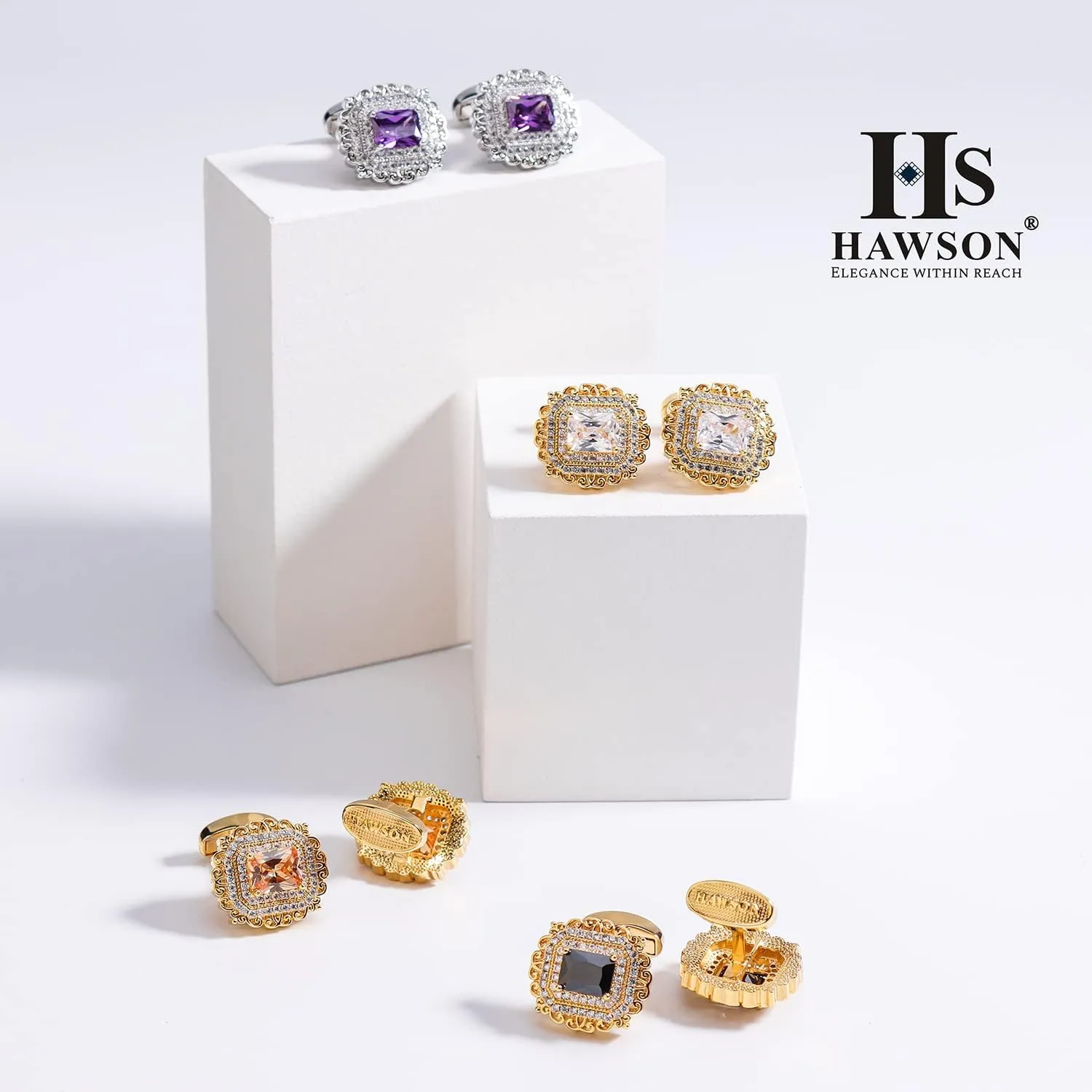 HAWSON Cufflinks for Men, Gold Diamond Crystal Cufflinks for Groom Husband Personalized Gifts, Mens Formal Wedding Business Cufflinks, Luxurious Gorgeous Cuff Links French Shirt Accessories