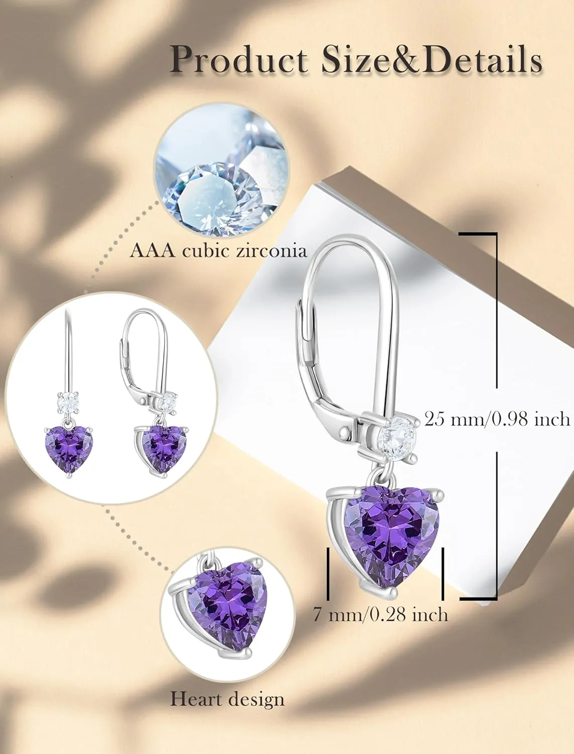 Heart Dangle Drop Earrings, 925 Sterling Silver Earrings with Birthstones for Women Leverback Jewelry for Gifts