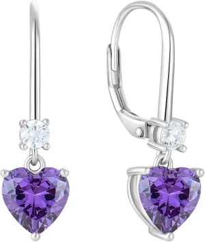 Heart Dangle Drop Earrings, 925 Sterling Silver Earrings with Birthstones for Women Leverback Jewelry for Gifts