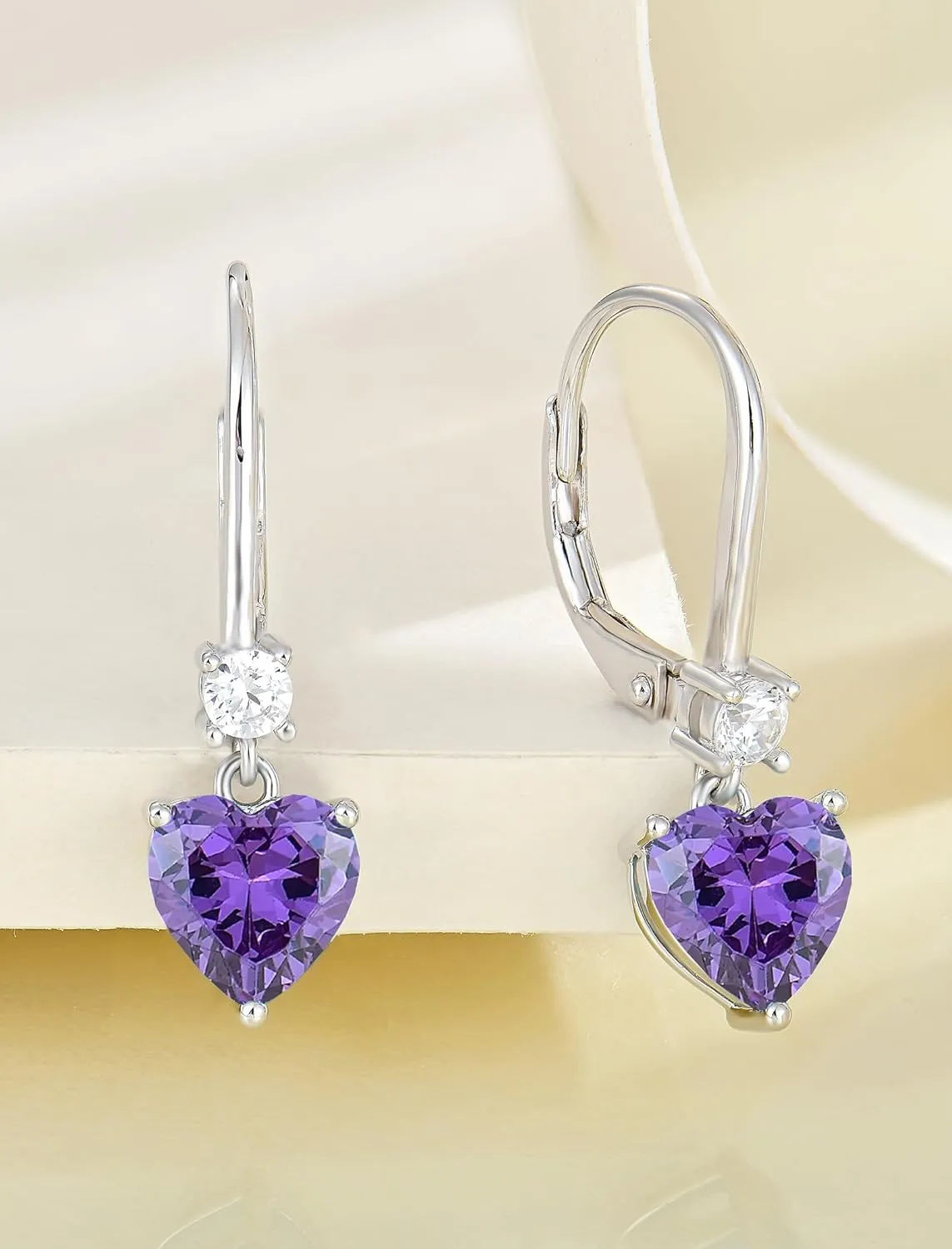 Heart Dangle Drop Earrings, 925 Sterling Silver Earrings with Birthstones for Women Leverback Jewelry for Gifts