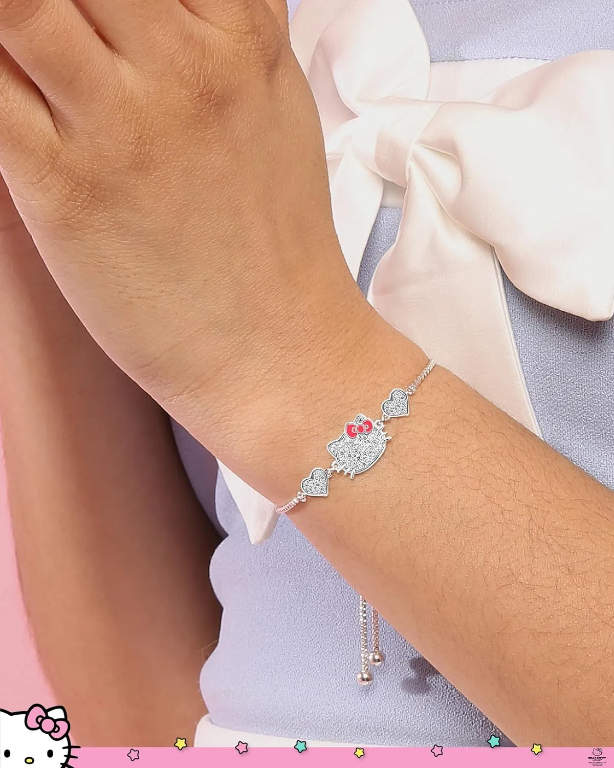 Hello Kitty Sanrio Womens Bracelets - Silver Flash-Plated Jewelry with Heart Pendants and Zirconia Accents