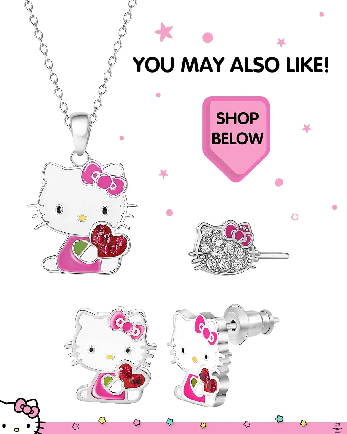 Hello Kitty Sanrio Womens Bracelets - Silver Flash-Plated Jewelry with Heart Pendants and Zirconia Accents