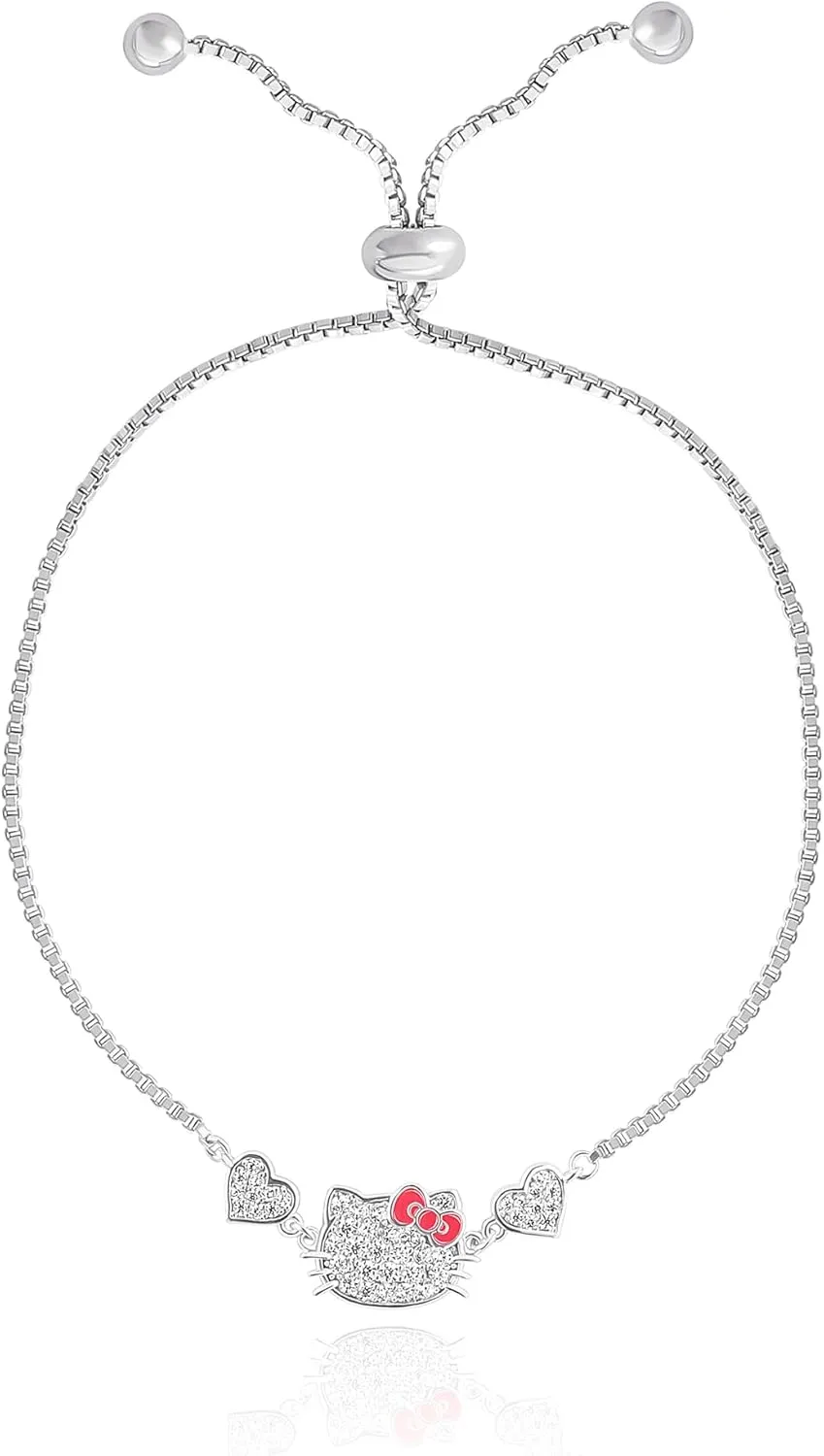 Hello Kitty Sanrio Womens Bracelets - Silver Flash-Plated Jewelry with Heart Pendants and Zirconia Accents