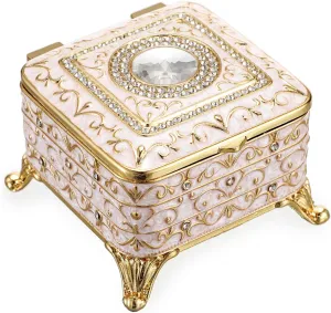 Hipiwe Vintage Jewelry Box Small Treasure Chest Box with Sparkling Rhinestones Enameled Decorative Trinket Box for Ring Necklace Organizer Unique Christmas Birthday Gift for Women,Beige