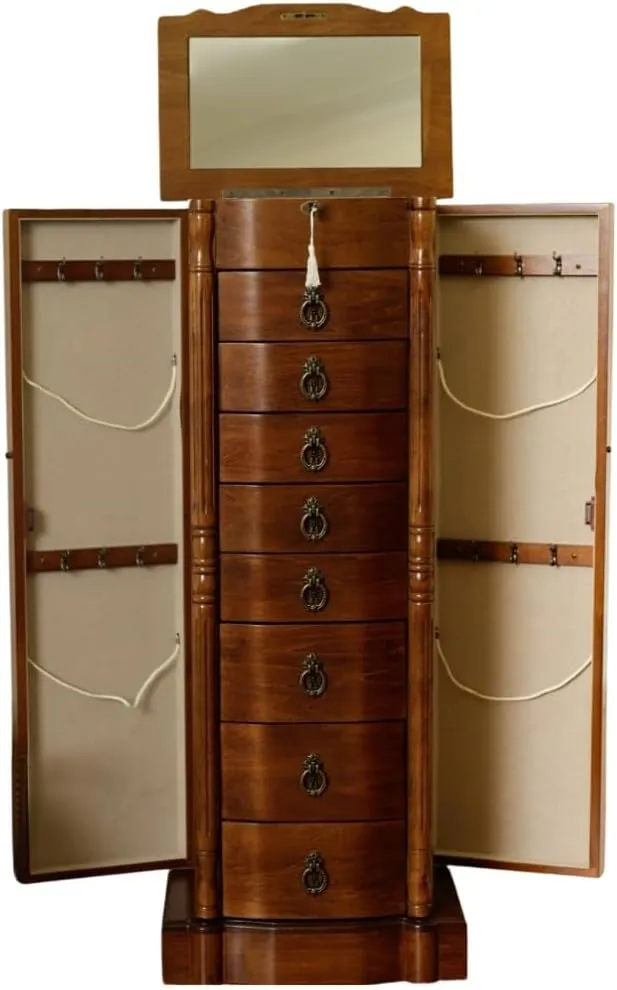 Hives and Honey - Robyn Standing Jewelry Armoire - Antique Style Locking Storage for Organized Jewelry, 38" H x 14" W x 10" D - Walnut