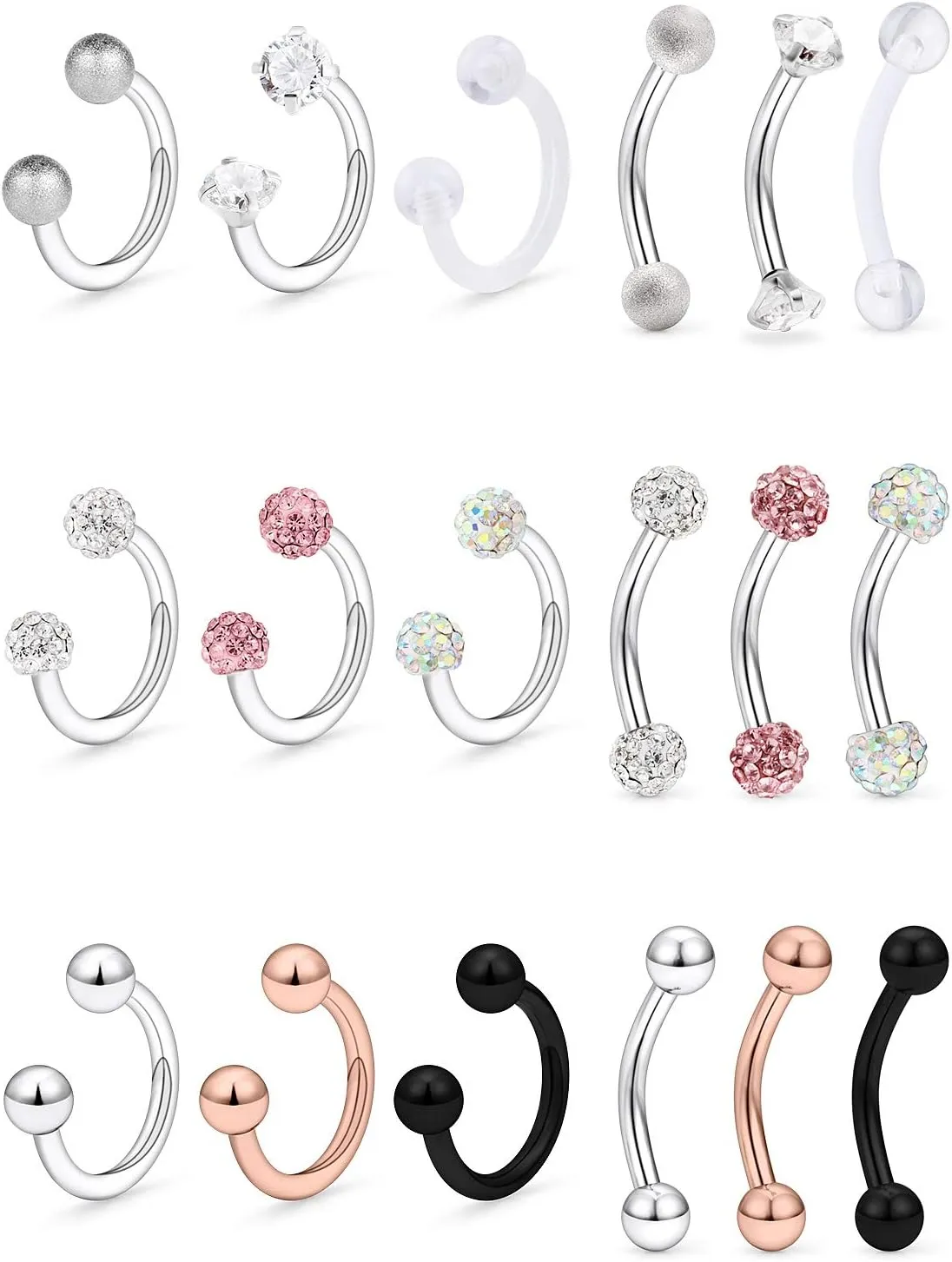 Hoeudjo 9-18PCS 16G Surgical Steel Lip Hoop Ring Crystal Cubic Horseshoe Barbell Tragus Cartilage Earring Helix Daith Septum Hoop Piercing Body Piercing Jewelry Retainer for Women Men 8-10mm