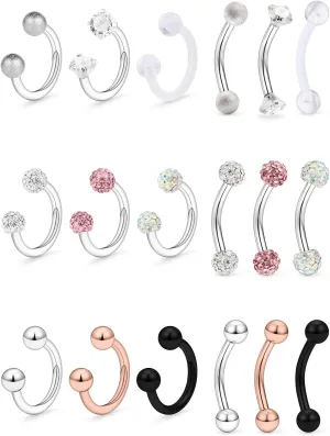 Hoeudjo 9-18PCS 16G Surgical Steel Lip Hoop Ring Crystal Cubic Horseshoe Barbell Tragus Cartilage Earring Helix Daith Septum Hoop Piercing Body Piercing Jewelry Retainer for Women Men 8-10mm