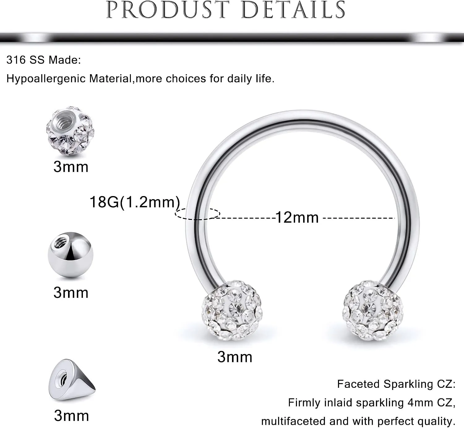 Hoeudjo Horseshoe Rings - Surgical Steel Nose Septum, Labret Lip, Eyebrow, Tragus, Daith, Helix Piercing Jewelry for Women & Men - 8-12mm