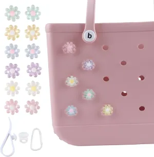 Hook Accessory and Flower Charm for Bogg Bag, Insert Key Holder Set and 12Pcs Colorful Flower Decoration Accessories for DIY Your Rubber Beach Tote Handbag