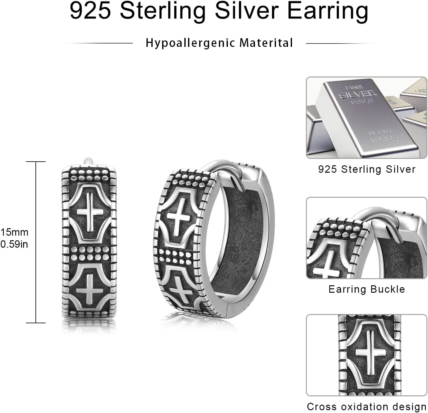 Hoop Earrings for Men 925 Sterling Silver Cross/Viking Earrings Father's Day Jewelry Gift for Dad Husband