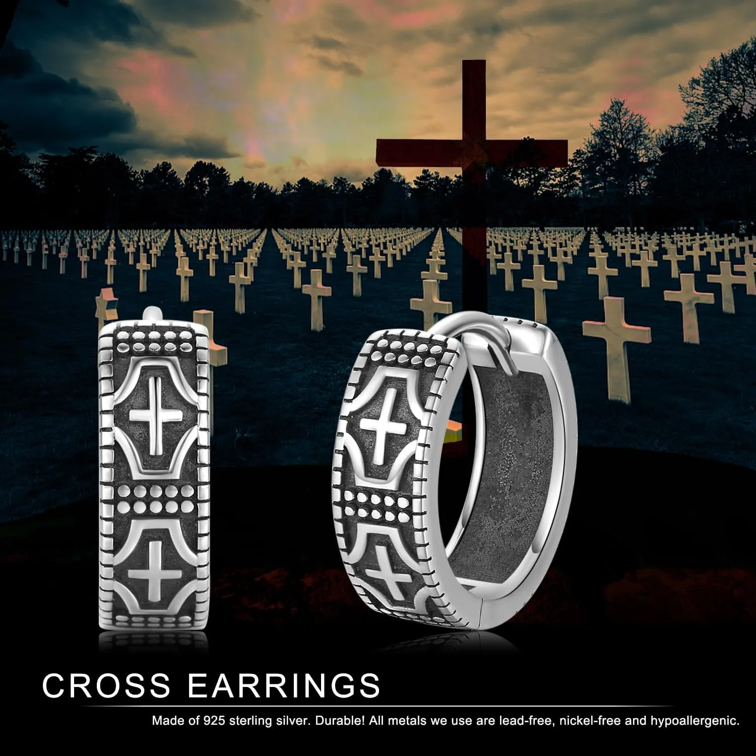 Hoop Earrings for Men 925 Sterling Silver Cross/Viking Earrings Father's Day Jewelry Gift for Dad Husband