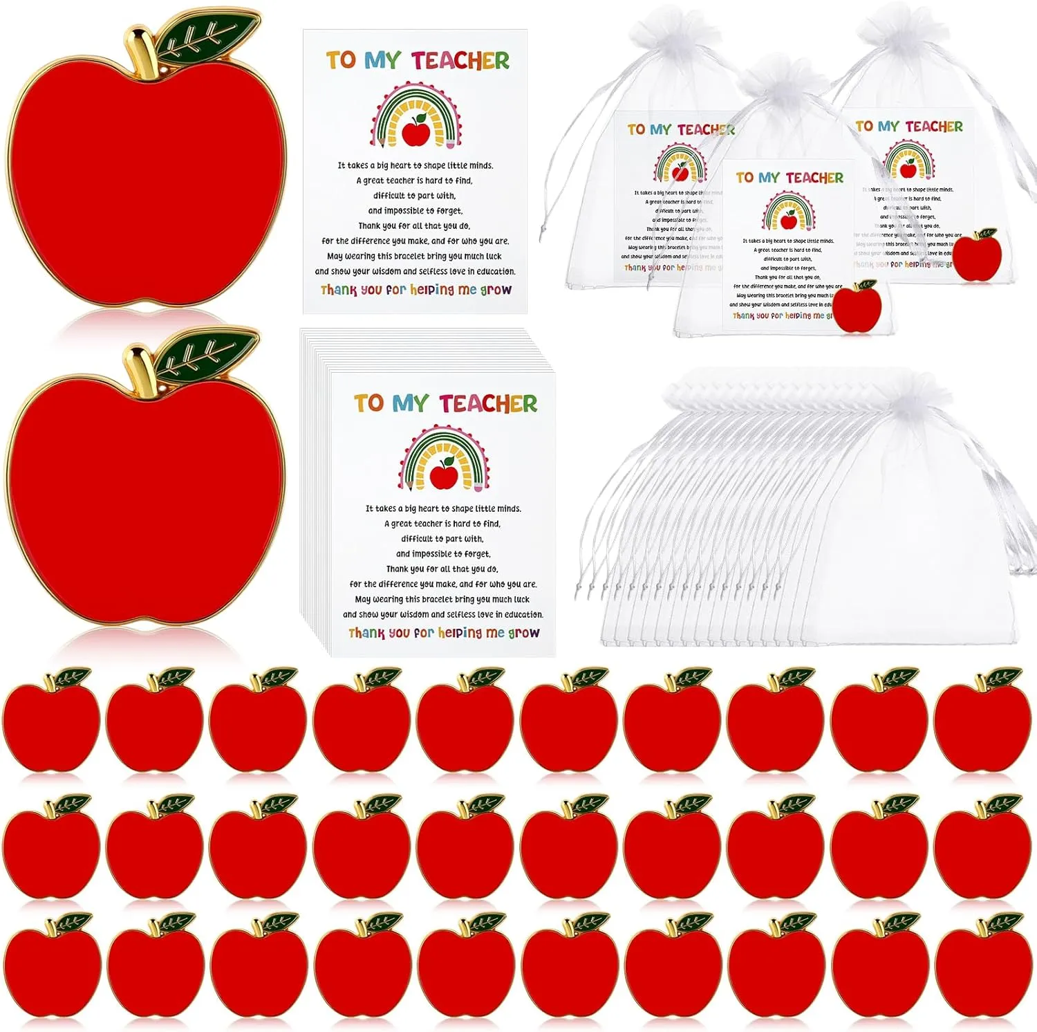 Hoteam 30 Sets Teacher Appreciation Gifts Apple Enamel Lapel Pins Teacher Lapel Pins Brooches Bulk with Thank You Cards and Organza Bags for Graduation Employee Tutor Gifts